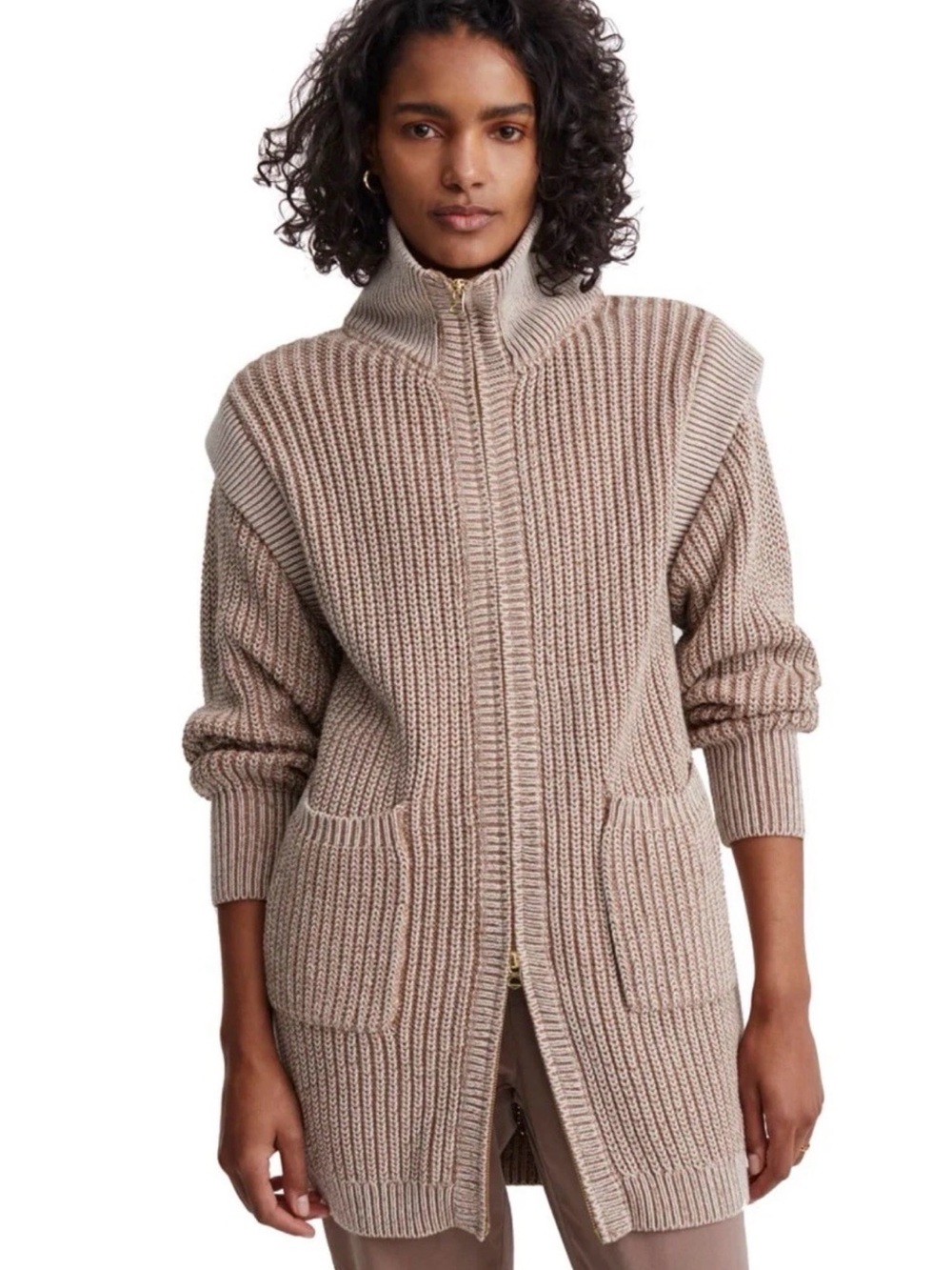 Varley Tori Ribbed Knit Zip-Front Cardigan in Taupe/Beige EUC
